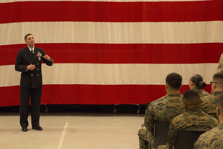 Master Chief Petty Officer Christopher D. Kotz, command master chief of Marine Forces Reserve and Marine Forces North, answers questions from Marines and Sailors with Combat Logistics Battalion 453 in Aurora, Colo., Jan. 17, 2017. The visit was part of the commemoration of the Marine Corps Reserve Centennial. From World War I through the wars in Iraq and Afghanistan, the Marine Corps Reserve has played an essential role in the Marine Corps Total Force by augmenting and reinforcing the active component across the full range of military operations. (U.S. Marine Corps photo by Lance Cpl. Dallas Johnson/Released)