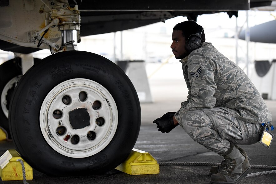 Senior Airman Jihad Elijah Muse, 4th Aircraft Maintenance Squadron avionics specialist, provides maintenance support for Razor Talon, Jan. 20, 2017, at Seymour Johnson Air Force Base, North Carolina. Seymour Johnson AFB designed Razor Talon in 2013 as an exercise to combine land, air and sea forces for joint unit participation and collaboration. (U.S. Air Force photo by Airman 1st Class Kenneth Boyton)