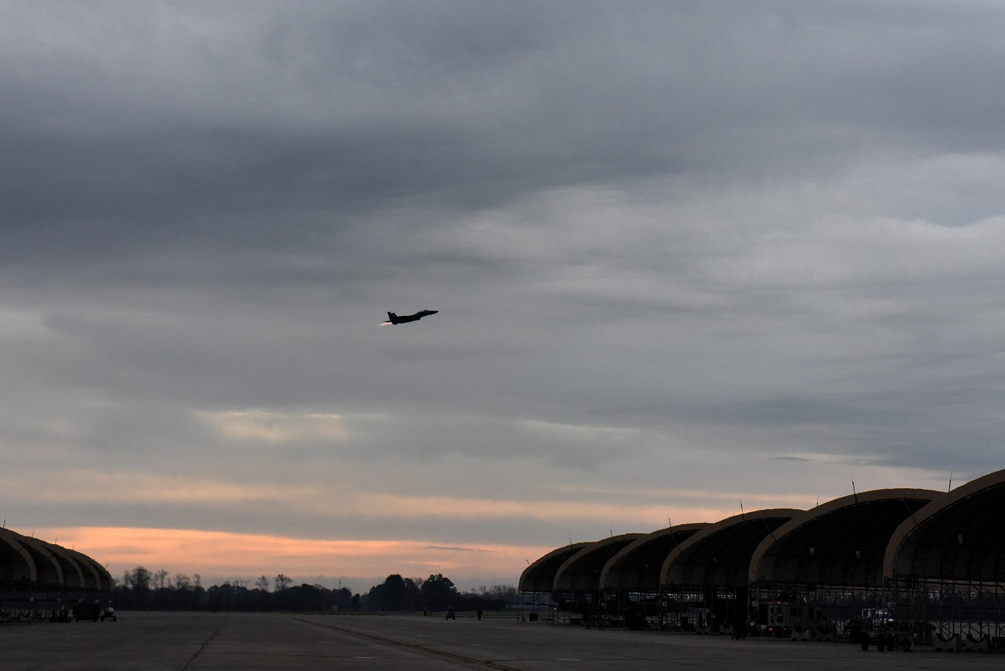 An F-15E Strike Eagle aircraft takes off during Razor Talon, Jan. 20, 2017, at Seymour Johnson Air Force Base, North Carolina. The monthly exercise, developed at Seymour Johnson AFB, gives service members from all branches an opportunity to work side by side. (U.S. Air Force photo by Airman 1st Class Kenneth Boyton)