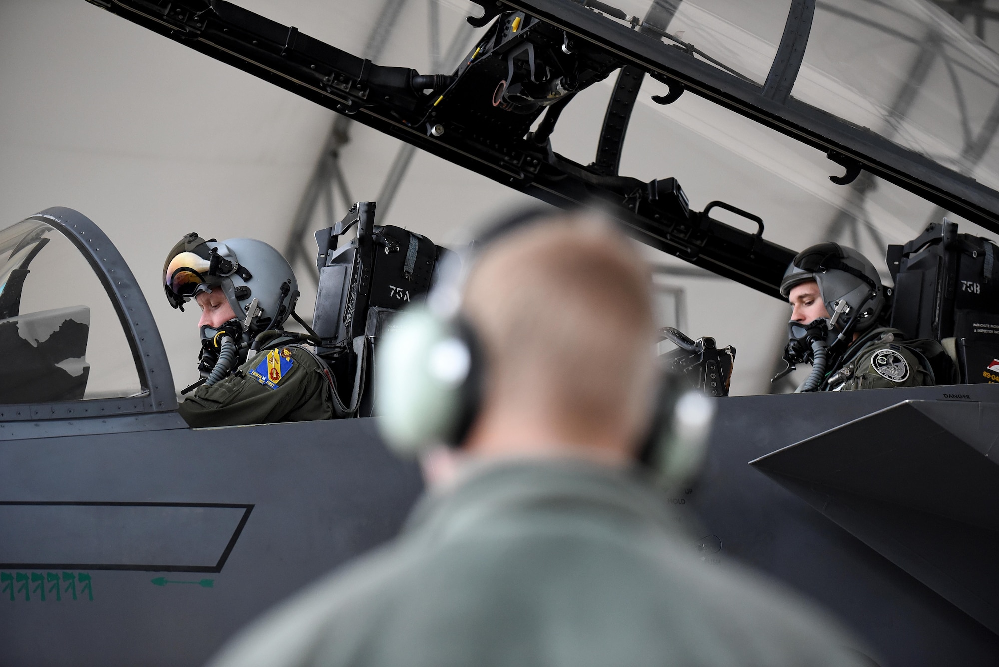 Col. Christopher Sage (left), 4th Fighter Wing commander, and Capt. Michael Piazza (right), 335th Fighter Squadron weapons system officer, prepare for takeoff during Razor Talon, Jan. 20, 2017, at Seymour Johnson Air Force Base, North Carolina. This is the first time Sage is participating in Razor Talon which combines sea, land and air units from all service branches in a realistic training environment. (U.S. Air Force photo by Airman 1st Class Kenneth Boyton)