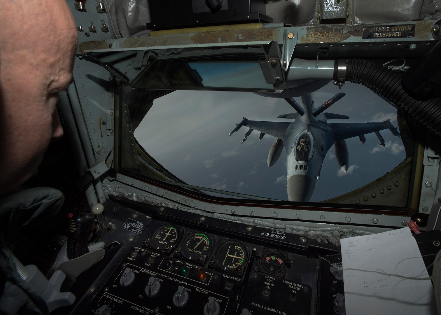 U.S. Air Force Master Sgt. Eric Jones, boom operator assigned to the 134th Air Refueling Wing, Tennessee Air National Guard, refuels 13th and 14th Fighter Squadron F-16 Fighting Falcon’s over Northern Japan, Jan. 18, 2017. Boom operators refuel various types of aircraft in midair, extending the amount of time spent on training or combat missions.