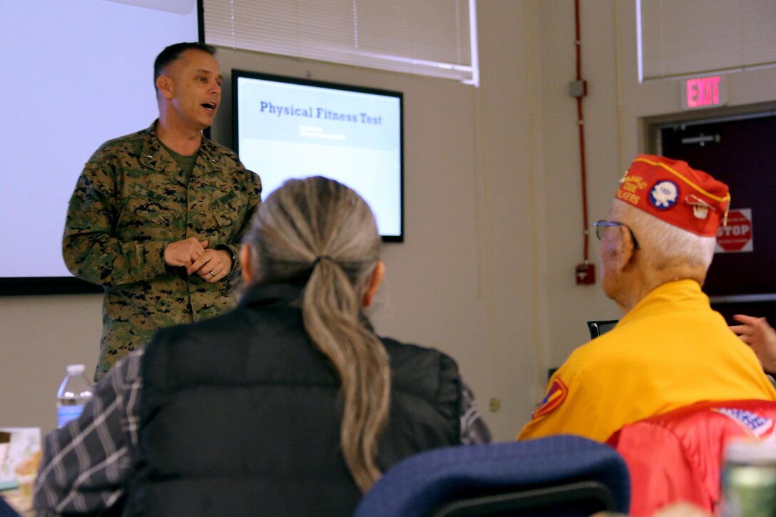 Brig. Gen. Matthew Glavy speaks to Marines aboard Marine Corps Air Station Cherry Point, N.C., Jan. 17, 2017. Glavy spoke to Marines assigned to Marine Unmanned Aerial Vehicle Squadron 2, Marine Aircraft Group 14, 2nd Marine Aircraft Wing, in regards to the past, present and future of the Marine Corps. Glavy is the 2nd MAW commanding general. (U.S. Marine Corps photo by Cpl. Jason Jimenez/ Released)