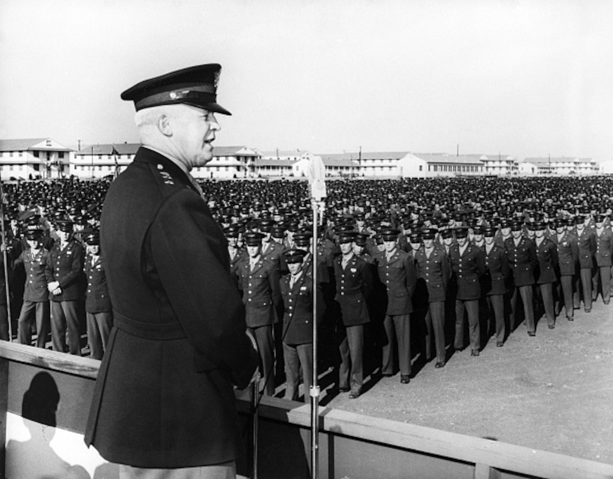 In December 1942, Gen. Hap Arnold stood at Lackland’s Parade Grounds and looked out at 10 acres of Airmen – 100, 000 people arrayed in the grandest formation in Air Force history. He told the Airmen of new technologies, strategies and equipment. He told them they would win the war and help guide the future though their training and professionalism. (Courtesy Photo)