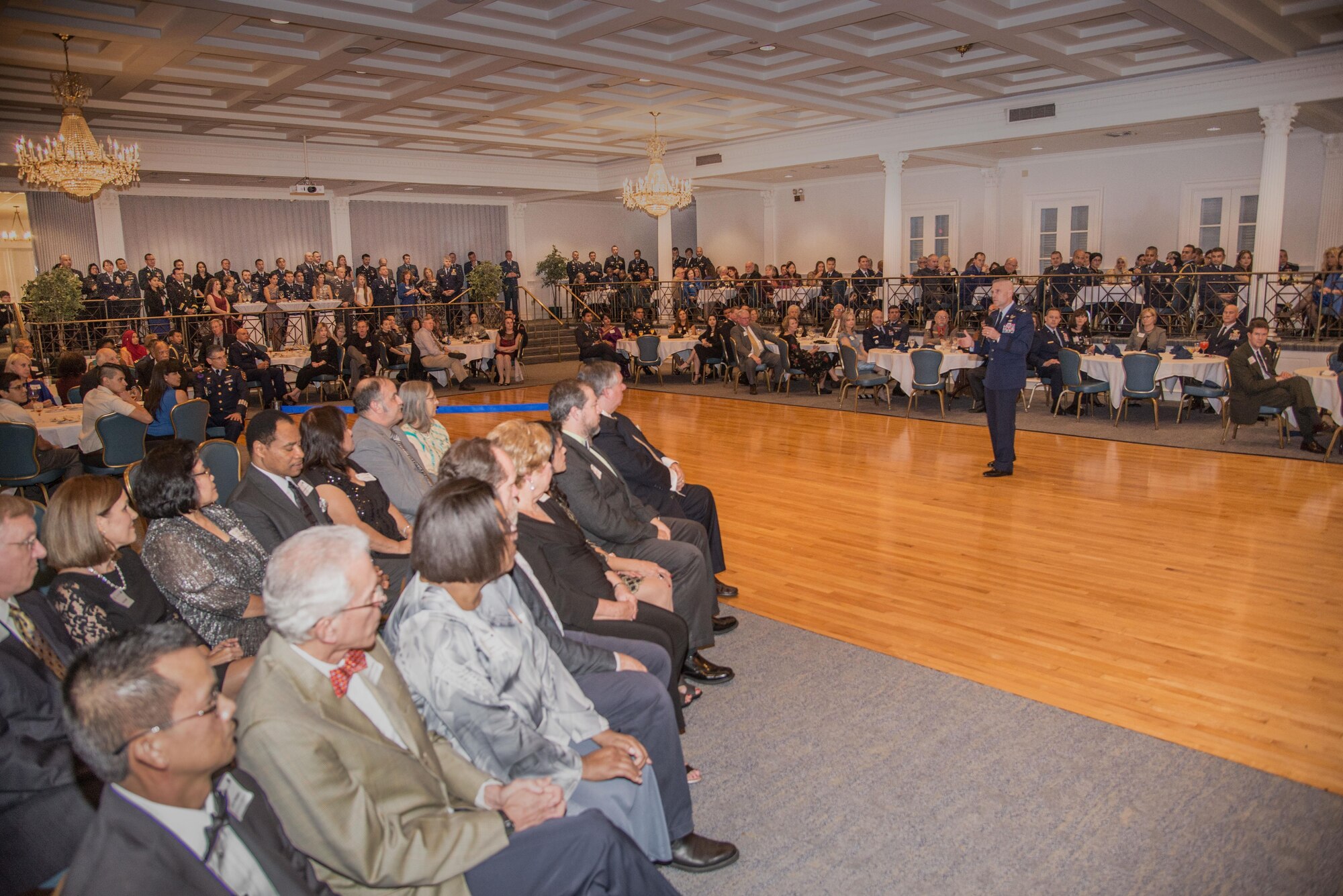 Lt. Gen. Steven Kwast, Air University commander and president, begins ceremonial portion of the Alabama Goodwill Ambassadors Appreciation Night held at the Maxwell Club, Jan 17, 2017, Maxwell Air Force Base, Ala. Kwast hosted the event to bring recognition to the Alabama Goodwill Ambassadors, community volunteers who sponsor an International Officers School student and their families during their time at Maxwell. (US Air Force photo by Trey Ward)