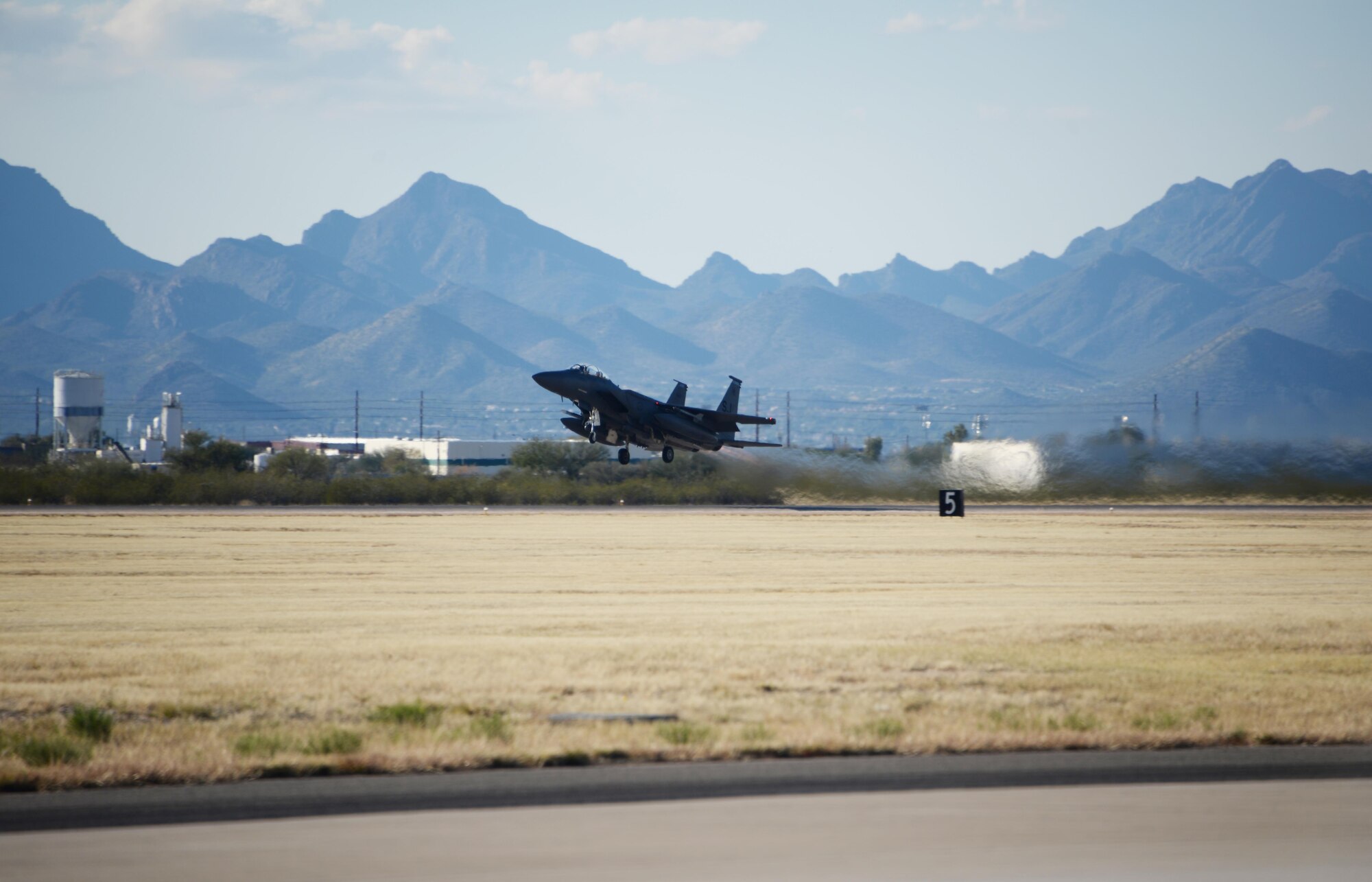 A U.S. Air Force F-15E Strike Eagle from the 334th Fighter Squadron, out of Seymour Johnson Air Force Base, N.C., takes off from Davis-Monthan AFB, Ariz., Jan. 18, 2017. New pilots from the 334th Fighter Squadron participated in a two week training course with the F-15E throughout southern Arizona's military operating areas. (U.S. Air Force photo by Airman 1st Class Giovanni Sims)