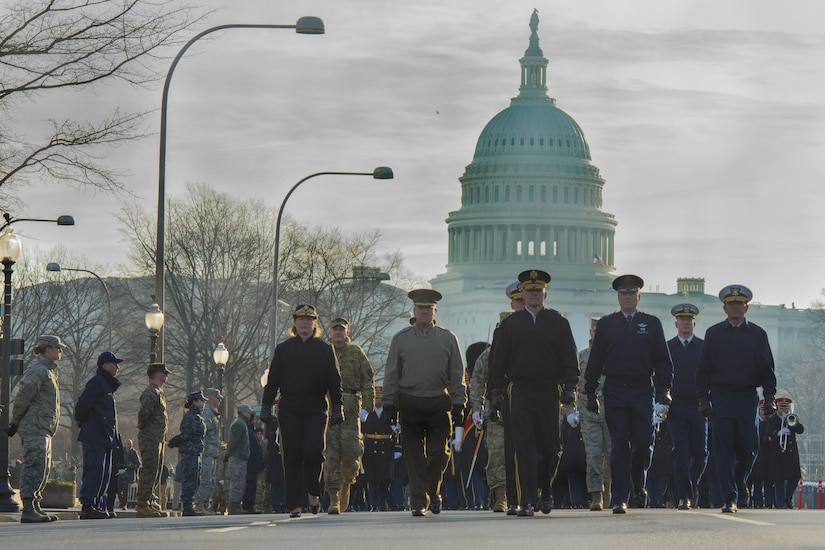 U.S. military leadership march during the Department of Defense inaugural parade dress rehearsal in the District of Columbia, Jan. 15, 2017. Approximately 5,000 service members participated in the musical elements, color guards, salute batteries and honor cordons for the parade rehearsal. (U.S. Air Force photo by Airman 1st Class Valentina Lopez)