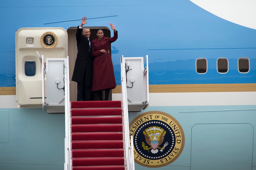 Former President Barack Obama and his wife Michelle Obama wave goodbye as they board Special Air Mission 44 at Joint Base Andrews, Md., Jan. 20, 2017. Throughout his eight-year tenure as president, Obama traveled to and from JBA aboard Air Force One more than 600 times and traveling all over the world. (U.S. Air Force photo by Senior Airman Philip Bryant)