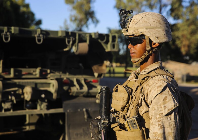 Marine Pfc. Samuel Carter, a Birmingham, Ala. native, with 2nd Battalion, 3rd Marine Regiment, based out of Marine Corps Base Hawaii, provides security at Kiwanis Park in Yuma, Ariz., during a Humanitarian Assistance/Disaster Relief (HA/DR) Exercise hosted by Marine Aviation Weapons and Tactics Squadron One during the Weapons and Tactics Instructor Course 1-17, Friday, October 14, 2016.