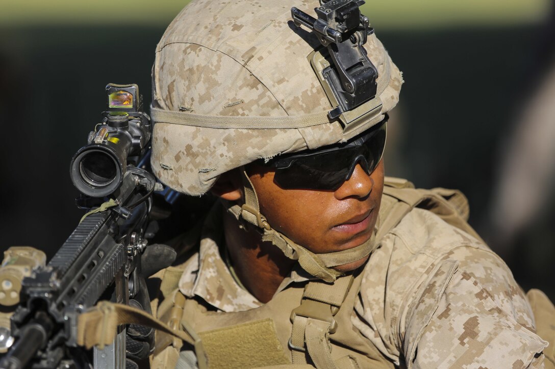 Marine Pfc. Samuel Carter, a Birmingham, Ala. native, with 2nd Battalion, 3rd Marine Regiment, based out of Marine Corps Base Hawaii, provides security at Kiwanis Park in Yuma, Ariz., during a Humanitarian Assistance/Disaster Relief (HA/DR) Exercise hosted by Marine Aviation Weapons and Tactics Squadron One during the Weapons and Tactics Instructor Course 1-17, Friday, October 14, 2016.