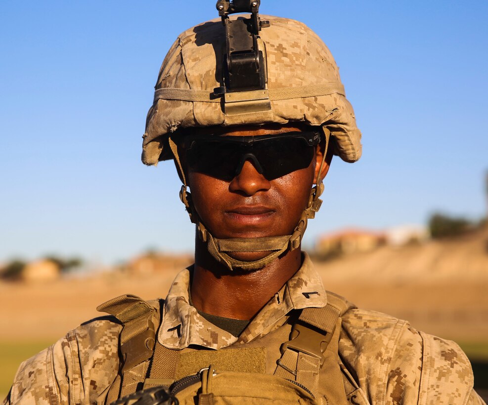 Marine Pfc. Samuel Carter, a Birmingham, Ala. native, with 2nd Battalion, 3rd Marine Regiment, based out of Marine Corps Base Hawaii, provides security at Kiwanis Park in Yuma, Ariz., during a Humanitarian Assistance/Disaster Relief (HA/DR) Exercise hosted by Marine Aviation Weapons and Tactics Squadron One during the Weapons and Tactics Instructor Course 1-17, Friday, October 14, 2016.
