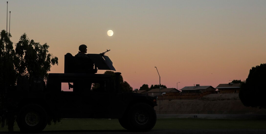 Marines with 3rd Low Altitude Air Defense Battalion, based out of Marine Corps Base Camp Pendleton, Calif., provide security at Kiwanis Park in Yuma, Ariz., during a Humanitarian Assistance/Disaster Relief (HA/DR) Exercise as part of the Weapons and Tactics Instructor Course 1-17, hosted by Marine Aviation Weapons and Tactics Squadron One, Friday, October 14, 2016. The exercise was conducted to test and improve student capabilities to evaluate, plan and execute support to civilians impacted by conflict and/or natural disasters through a real-world scenario that requires quick reaction forces to extract U.S. and allied forces personnel from hostile environments.