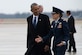 Former President Barack Obama is greeted by Col. Julie A. Grundahl, 11th Wing and Joint Base Andrews vice commander, on the flightline at Joint Base Andrews, Md., before his farewell address, Jan. 20, 2017. Throughout his eight-year tenure as president, Obama traveled to and from JBA aboard Air Force One more than 600 times and traveling all over the world. 