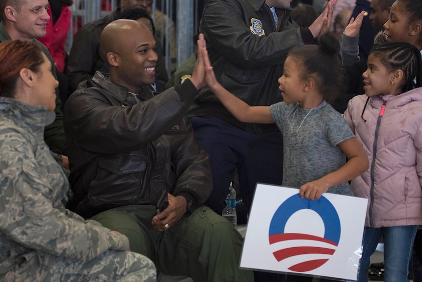 Children and Airmen exchange hi-fives during former President Barack Obama’s farewell speech at Joint Base Andrews, Md., Jan. 20, 2017. Throughout his eight-year tenure as president, Obama traveled in and out of JBA, utilizing Air Force One more than 600 times to travel all over the world.