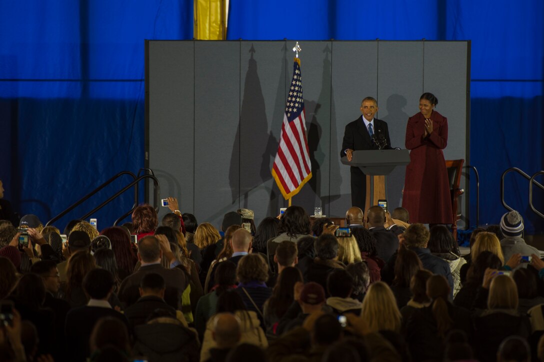 Former President Barack Obama gives a speech at his farewell ceremony on Joint Base Andrews, Md., Jan. 20, 2017. After his speech he greeted guests then boarded his final flight on a presidential aircraft.