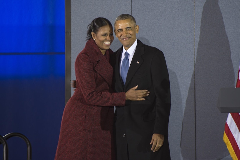 Former President Barack Obama hugs his wife Michelle after his farewell address on Joint Base Andrews, Md., Jan. 20, 2017. Throughout his eight-year tenure as president, Obama traveled to and from JBA aboard Air Force One more than 600 times, traveling around the world.