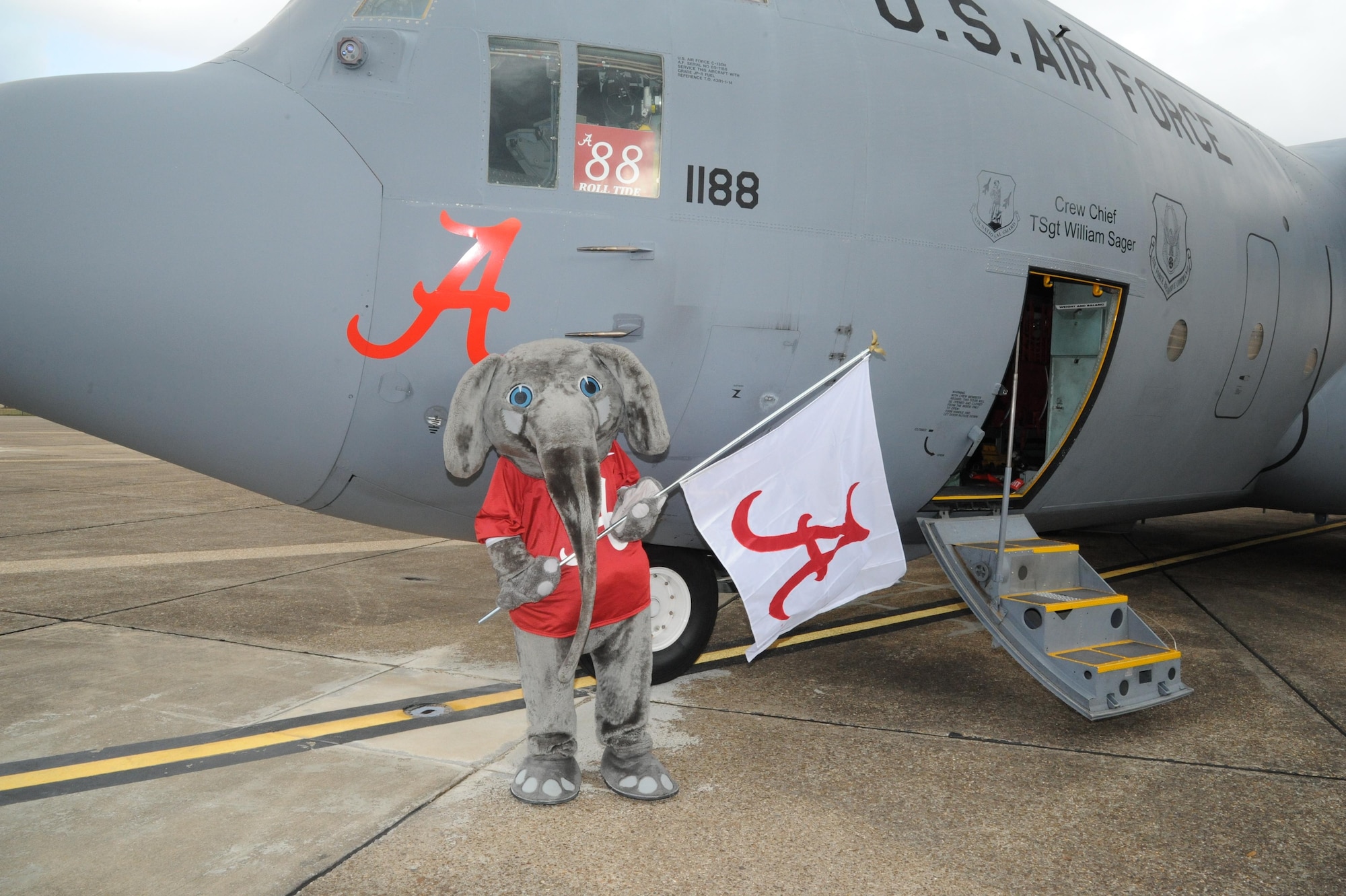 Big Al, the University of Alabama mascot, poses with the 908th Airlift Wing's aircraft 188 following a brief ceremony Jan 20 at Maxwell Air Force Base. During the ceremony the Roll Tide heritage was transferred from aircraft 42 to this newer C-130 Hercules. Aircraft 42 will depart soon for the Boneyard at Davis-Monthan Air Force Base, in Tucson, Ariz.