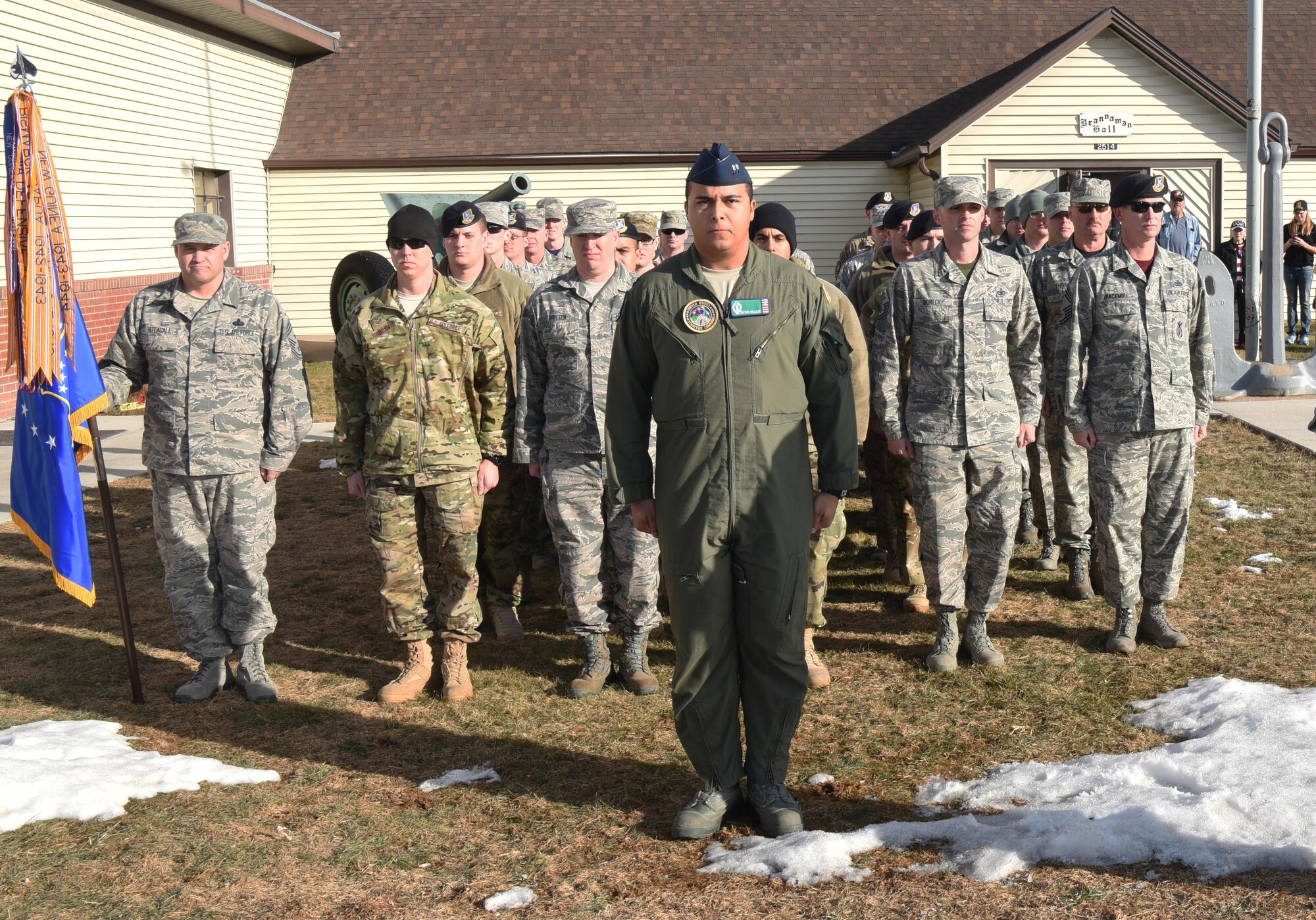 F.E. Warren Airmen pose with Joe Gordy, retired chief master sergeant, at the VFW in Greeley, Colo., Jan. 13, 2017. Chief Master Sgt. Jeffrey Steagall, 90th Missile Wing command chief, rallied approximately 40 Airmen to visit Gordy in order to show appreciation for his service. (U.S. Air Force photo by Airman 1st Class Breanna Carter)