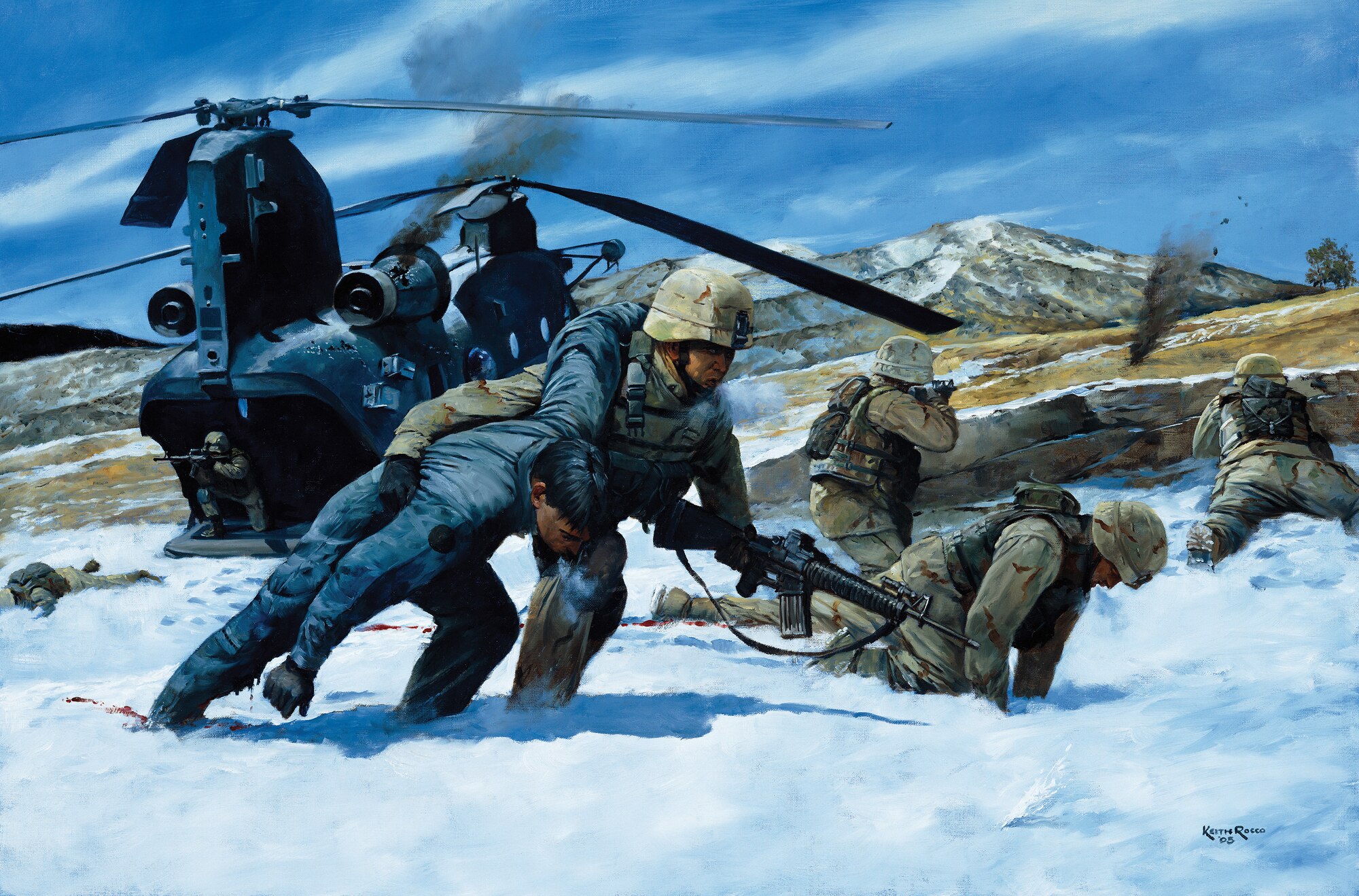 A painting commissioned by the National Guard Bureau commemorates the 2002 Battle of Takur Ghar in Afghanistan, during which an Airman from the Kentucky Air National Guard was instrumental in saving the lives of 10 wounded servicemen. The Airman, retired Master Sgt. Keary Miller, was initially awarded the Silver Star medal for his actions, but the award was upgraded to the Air Force Cross on Jan. 17, 2017. (U.S. Air National Guard photo)
