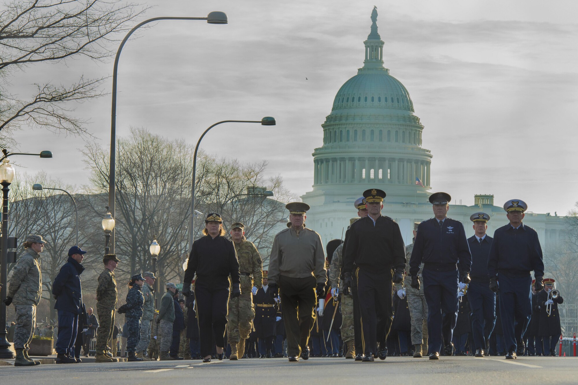 U.S. military leadership march during the Department of Defense inaugural parade dress rehearsal in the District of Columbia, Jan. 15, 2017. Approximately 5,000 service members participated in the musical elements, color guards, salute batteries and honor cordons for the parade rehearsal. (U.S. Air Force photo by Airman 1st Class Valentina Lopez)