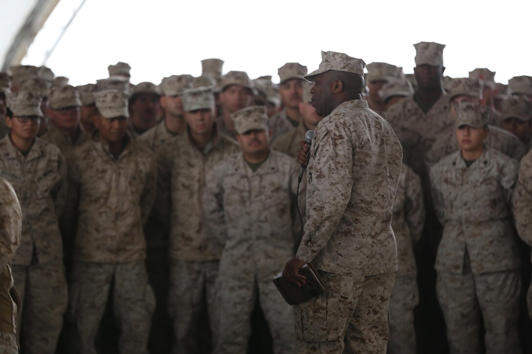 Sergeant Major of the Marine Corps, Sgt.Maj. Ronald L. Green, speaks with Marines currently forward deployed to the Middle East with Special Purpose Marine Air-Ground Task Force-Crisis Response-Central Command, Dec. 22, 2016. 