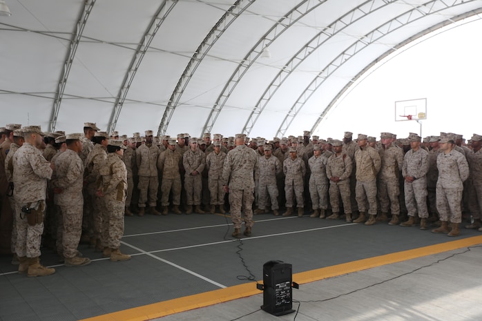 Commandant of the Marine Corps Gen. Robert B. Neller speaks with the Marines  forward deployed to the Middle East with Special Purpose Marine Air-Ground Task Force-Crisis Response-Central Command, Dec. 22, 2016.  Neller spoke about the SPMAGTF-CR-CC history, coalition partnerships,  readiness, and the future of the Marine Corps.