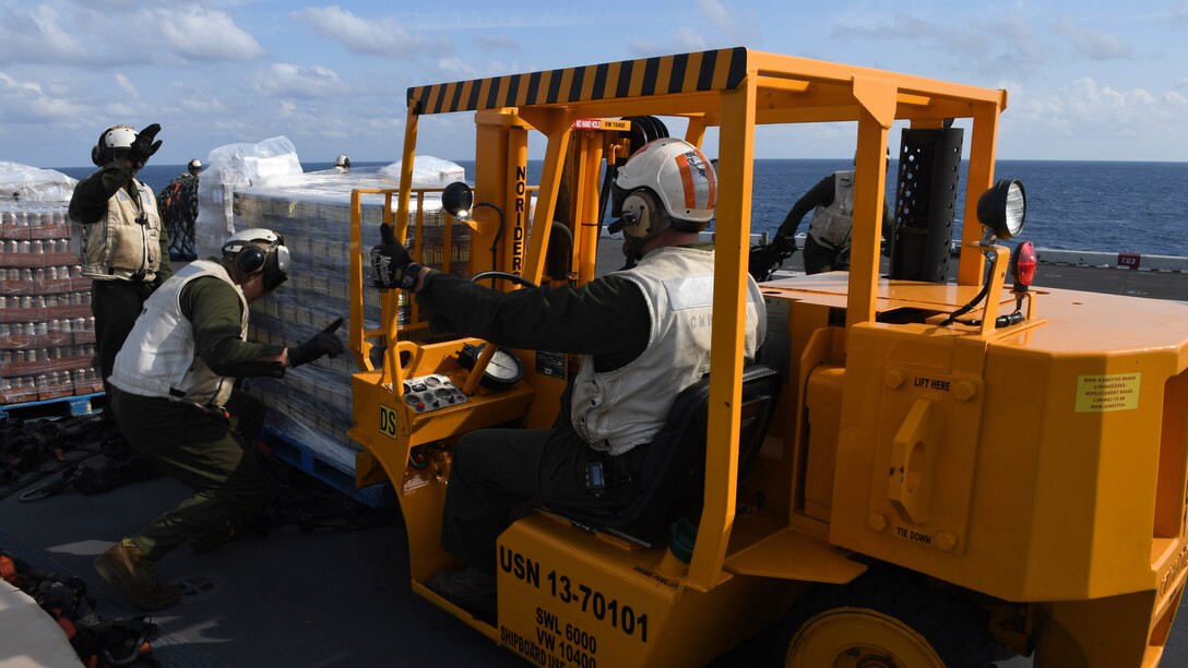 <strong>Photo of the Day: Jan. 23, 2017</strong><br/><br />Marines load supplies onto a forklift during a vertical replenishment aboard the amphibious assault ship USS Bataan during Composite Training Unit Exercise, or Computex, in the Atlantic Ocean, Jan. 21, 2017. Navy photo by Petty Officer 2nd Class Magen F. Reed<br/><br /><a href="http://www.defense.gov/Media/Photo-Gallery?igcategory=Photo%20of%20the%20Day"> Click here to see more Photos of the Day. </a>