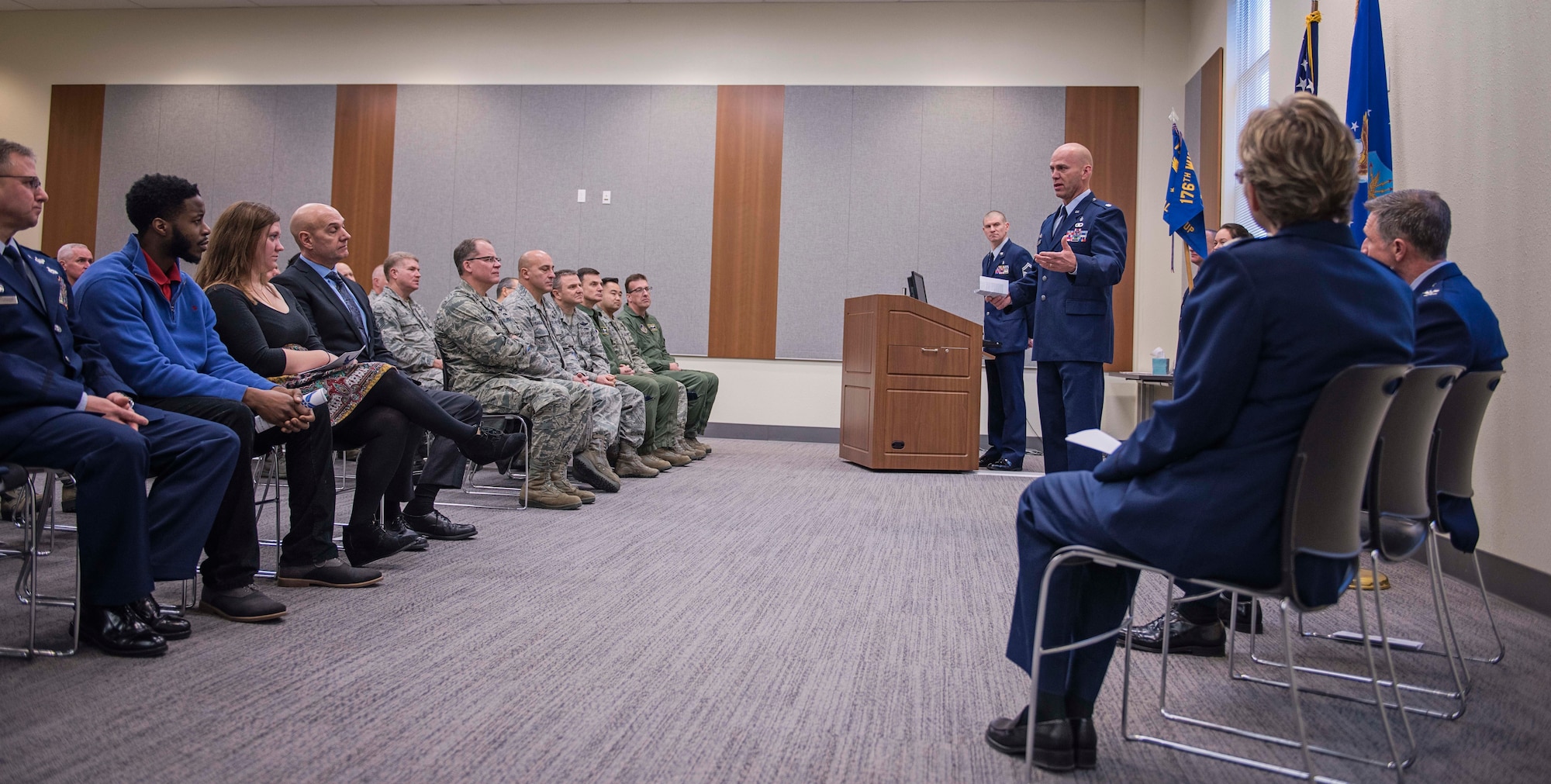 JOINT BASE ELMENDORF-RICHARDSON, Alaska — Lt. Col. Richard Rymerson took control of the 176th Wing Medical Group, Alaska Air National Guard, at a change of command ceremony here Dec. 4. The out-going commander, Col. Sharolyn Lange relinquished control to Rymerson after serving as the group’s commander for four years. (U.S. Air National Guard photo by Tech. Sgt. N. Alicia Halla/released)