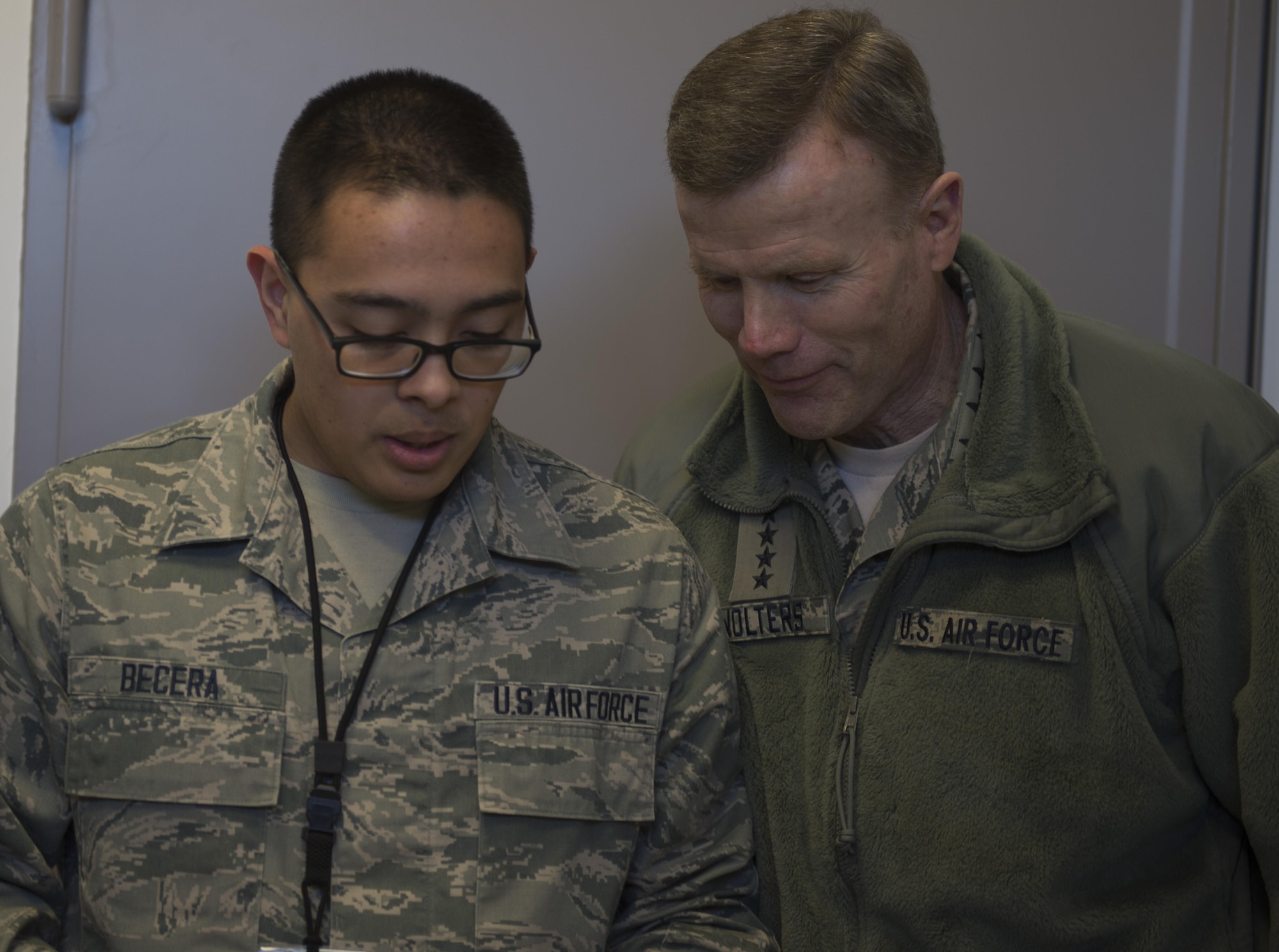 U.S. Air Force Senior Airman Scott Becera, 702nd Munitions Support Squadron command post … briefs Gen. Tod Wolters, U.S. Air Forces in Europe and Air Forces Africa commander, before entering the command post at Buechel Air Base, Germany, Jan. 19, 2017. The 702nd MUNSS is divided into five flights consisting of the maintenance, operations, communications, custody and force support. The squadron directly supports NATO contingency and wartime operations and its strike mission. (U.S. Air Force Photo/Senior Airman Dawn M. Weber)
