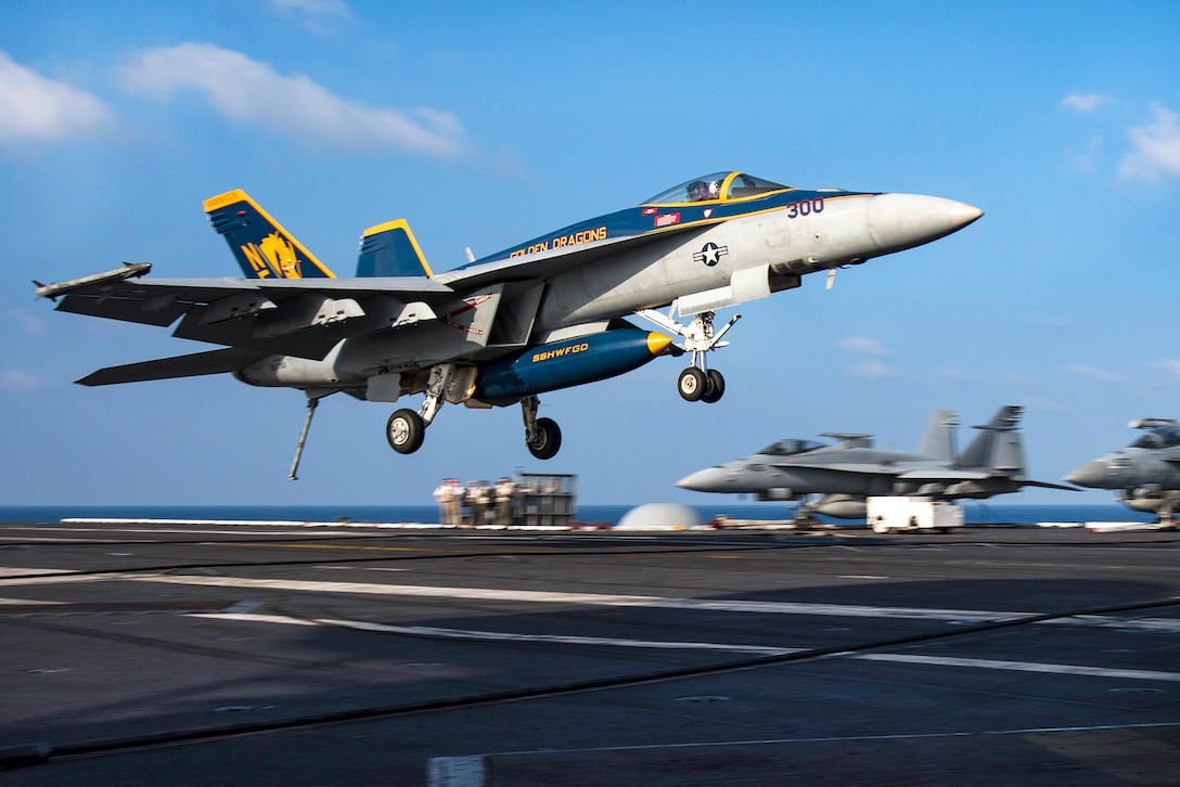 A Navy F/A-18E Super Hornet aircraft makes an arrested landing on the flight deck of the aircraft carrier USS Carl Vinson in the Pacific Ocean, Jan. 13, 2017. The pilot and aircraft are assigned to Strike Fighter Squadron 192. Navy photo by Petty Officer 3rd Class Kurtis A. Hatcher