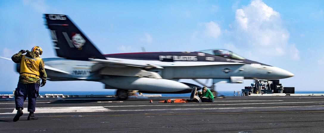 An F/A-18C Hornet aircraft launches from the flight deck of the aircraft carrier USS Carl Vinson in the Pacific Ocean, Jan. 13, 2017. The pilot and aircraft are assigned to Strike Fighter Squadron 34. Navy photo by Petty Officer 3rd Class Kurtis A. Hatcher