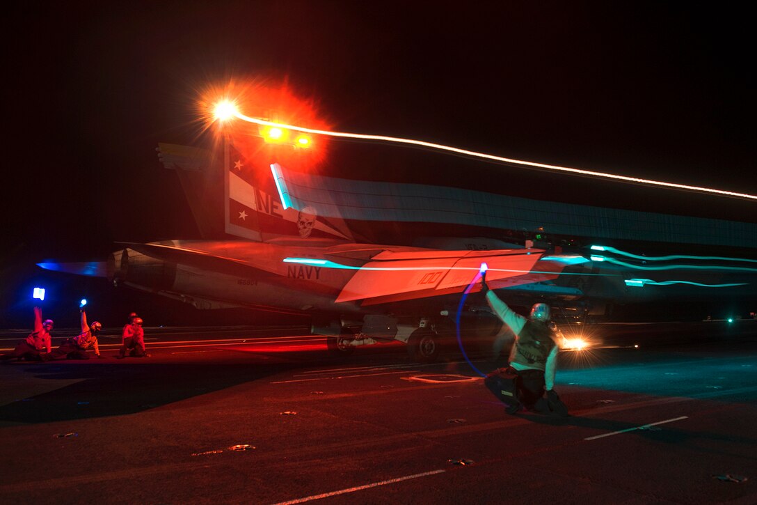 An F/A-18F Super Hornet aircraft launches from the flight deck of the aircraft carrier USS Carl Vinson in the Pacific Ocean, Jan. 14, 2017. The pilot and aircraft are assigned to Strike Fighter Squadron 2. Navy photo by Petty Officer 2nd Class Sean M. Castellano