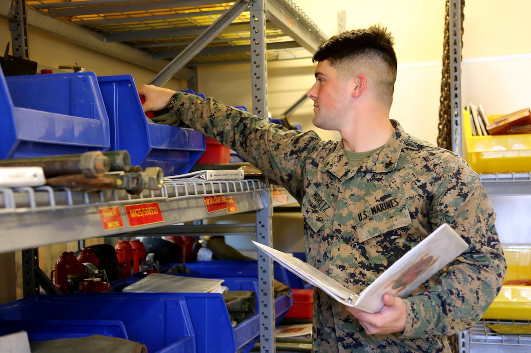 Cpl. Jimmy Moretz inspects basic issue items aboard Marine Corps Air Station Cherry Point, N.C., Jan. 17, 2017. Moretz is the emergency dispatcher assigned to Marine Air Support Squadron 1, Marine Air Control Group 28, 2nd Marine Aircraft Wing, and training noncommissioned officer for his platoon in the motor and transport section of the squadron. Moretz has been recognized as the noncommissioned officer of the quarter for the period of Oct. 1, 2016 to Dec. 31, 2016 for his outstanding work in his squadron. (U.S. Marine Corps photo by Cpl. Jason Jimenez/ Released)
