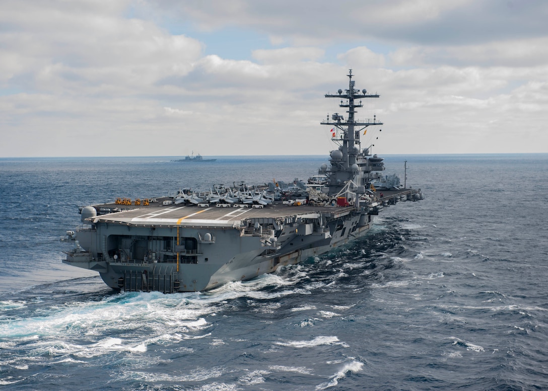 The aircraft carrier USS George H.W. Bush (CVN 77) sails through the Atlantic Ocean. Bush is underway conducting a Composite Training Unit Exercise (COMPTUEX) with the George H.W. Bush Carrier Strike Group in preparation for an upcoming deployment. (U.S. Navy photo by Petty Officer 3rd Class Michael B. Zingaro/Released)