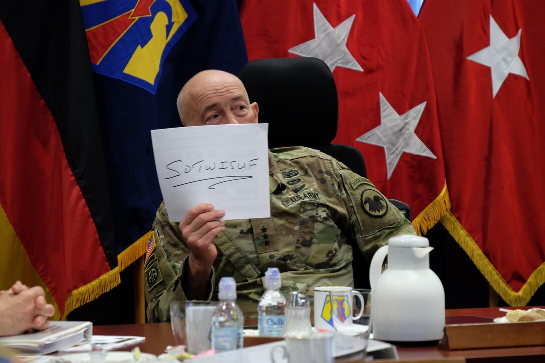 LTG Charles D. Luckey, commanding general of U.S. Army Reserve Command, discusses an acronym standing for "Something Other Than What I Signed Up For" during a visit to the 7th Mission Support Command at Daenner Kaserne, Jan. 22, 2017. 