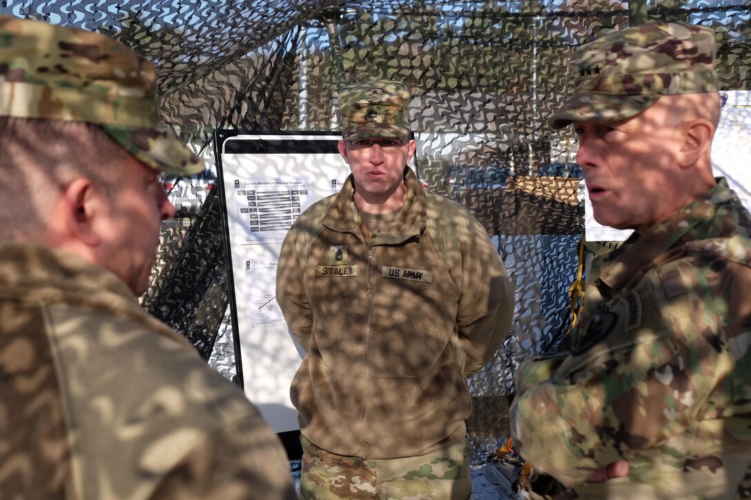 KAISERSLAUTERN, Germany —  LTG Charles D. Luckey, commanding general of U.S. Army Reserve Command, speaks to Sgt. 1st Class Christopher M. Staley, from the 446th Transportation battalion (Movement Control) during a visit to the 7th Mission Support Command at Daenner Kaserne, Jan. 22, 2017. 