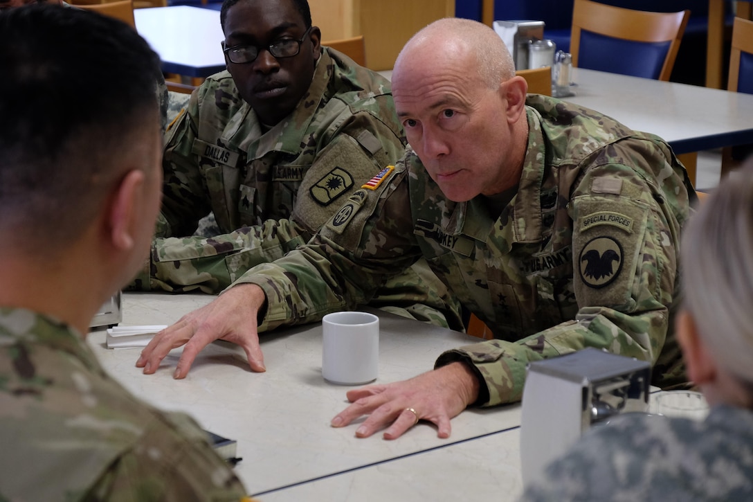 KAISERSLAUTERN, Germany —  LTG Charles D. Luckey, commanding general of U.S. Army Reserve Command, speaks during lunch with Soldiers Jan. 22, 2017 in the Clock Tower Cafe dining facility on Kleber Kaserne during a visit to the 7th Mission Support Command. 