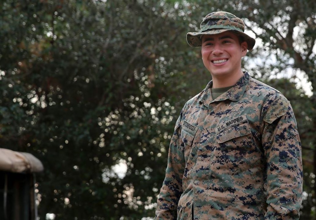 Cpl. Abraham Ostosmendoza smiles for a photo aboard Marine Corps Auxiliary Landing Field Bogue, Dec. 6, 2016. Ostosmendoza is a water support technician assigned to Marine Wing Support Squadron 271, Marine Aircraft Group 14, 2nd Marine Aircraft Wing. 
