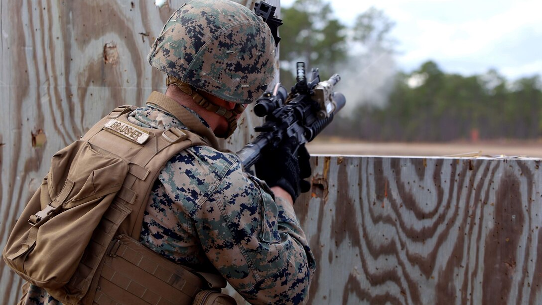 Lance Cpl. Dalton D. Bradsher fires an M203 grenade launcher as part of a live-fire range during a squadathon at Camp Lejeune, N.C., Jan. 12, 2017. The purpose of the squadathon was to ensure squad leaders from the unit are capable of controlling their squads in combat scenarios. Bradsher is a rifleman with 1st Battalion, 8th Marine Regiment, 2nd Marine Division.
