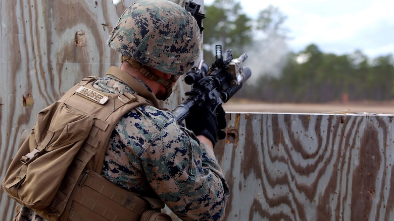 Lance Cpl. Dalton D. Bradsher fires an M203 grenade launcher as part of a live-fire range during a squadathon at Camp Lejeune, N.C., Jan. 12, 2017. The purpose of the squadathon was to ensure squad leaders from the unit are capable of controlling their squads in combat scenarios. Bradsher is a rifleman with 1st Battalion, 8th Marine Regiment, 2nd Marine Division.