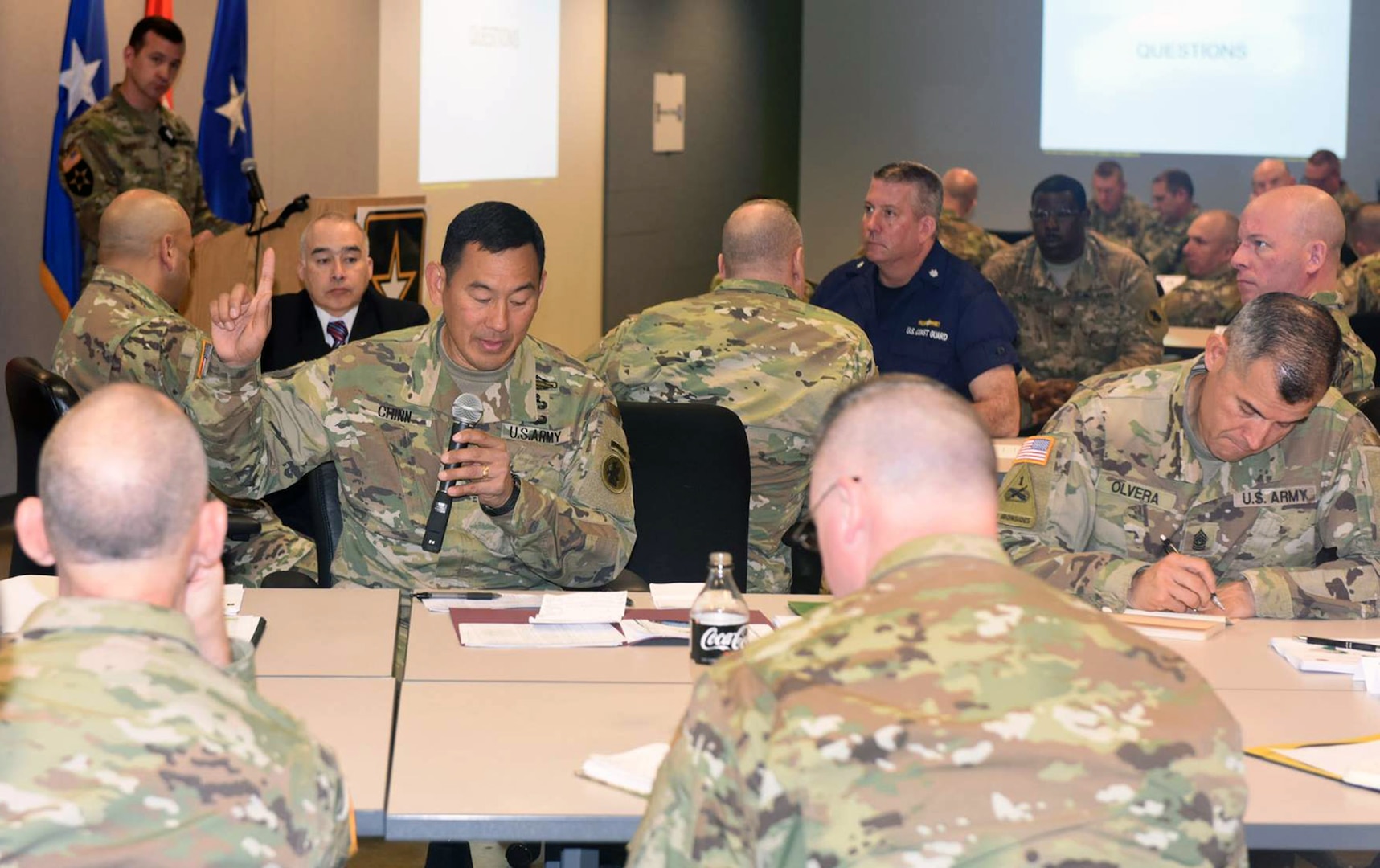 Maj. Gen. K.K. Chinn, U.S. Army South commander opens up the State Partnership Program Conference at the Mission Training Complex at Joint Base San Antonio-Fort Sam Houston Jan. 18 with a discussion on security cooperation changes and challenges that state partners may face in 2017. More than 150 delegates from 20 states converged to exchange military skills and experience, share defense knowledge and further mutual security cooperation. 