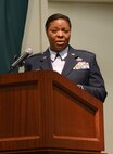 72nd Air Base Wing Commander Col. Stephanie Wilson gave closing remarks during the Martin Luther King Jr. Celebration held in Fannin Hall Jan. 12, and challenged attendees to think about their call to service. (Air Force photo by Kelly White)