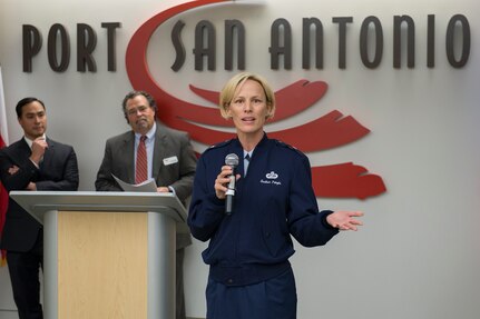 Brig. Gen. heather Pringle, 502nd Air base Wing and Joint Base San Antonio commander, speaks during Kelly Field's 100th anniversary celebration Jan. 18, 2017, at Port San Antonio, Texas.