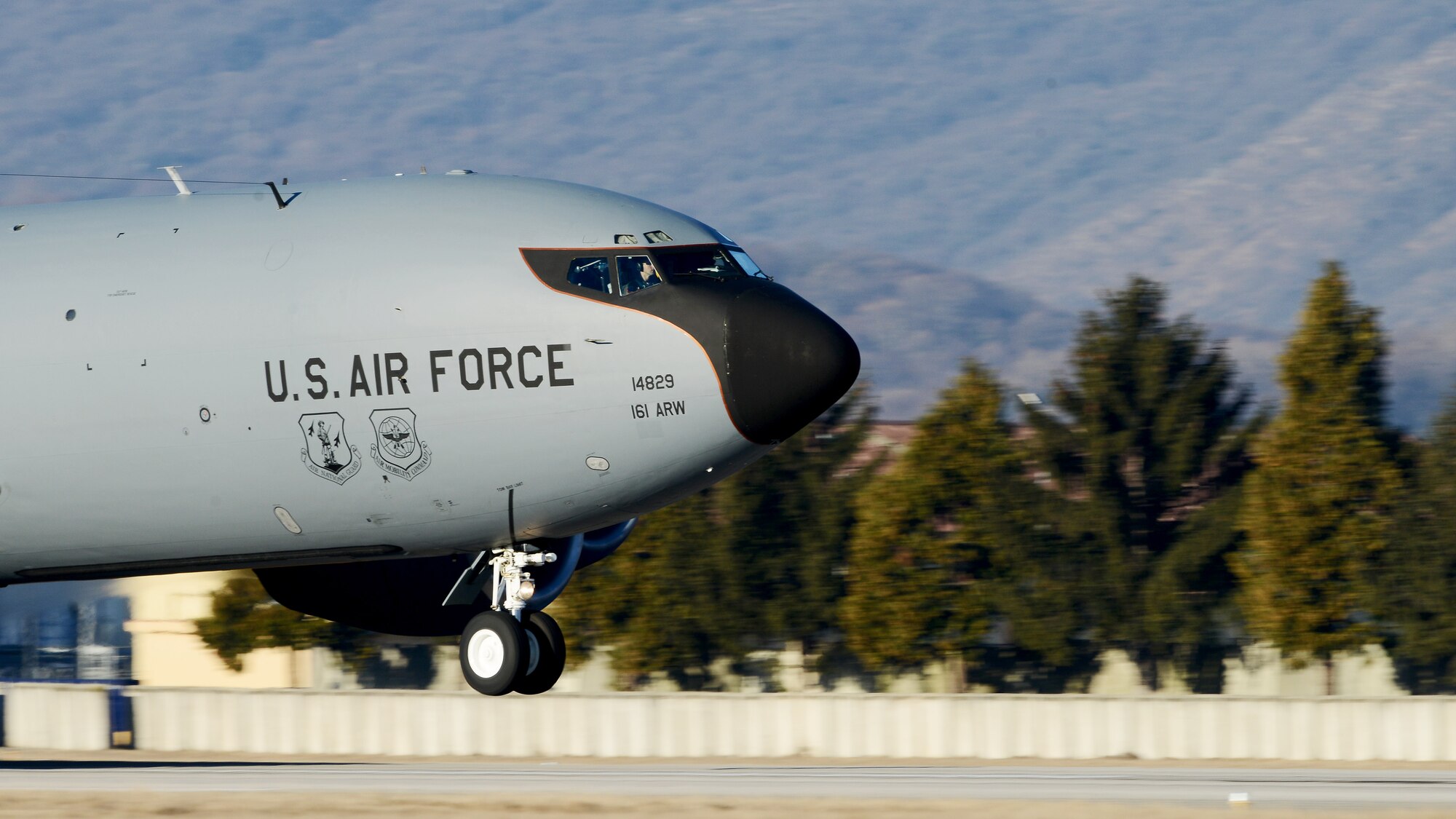 ] A KC-135 Stratotanker from the Arizona Air National Guard’s 161st Air Refueling Wing departs from Aviano Air Base, Italy on Jan. 21, 2016, for a flying training deployment in Souda Bay, Greece. The KC-135 joined fourteen F-16 Fighting Falcons and 280 Aviano Airmen in Souda Bay to participate in the training. (U.S. Air Force photo by Tech. Sgt. R.J. Biermann)