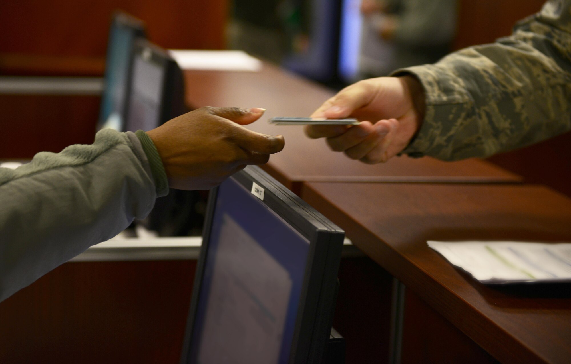Airmen deploying to Souda Bay, Greece process through a personnel deployment function line at Aviano Air Base, Italy on Jan. 16, 2016. The Airmen traveled to Souda Bay, Greece, to support a flying training detachment with the Hellenic air force. (U.S. Air Force photo by Staff Sgt. Krystal Ardrey)