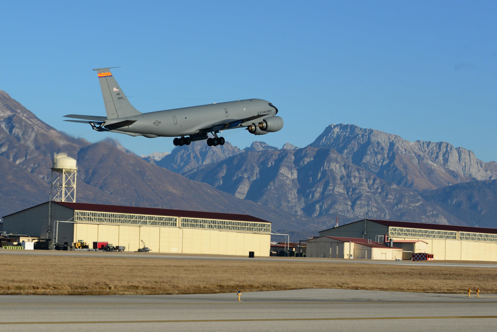 A KC-135 Stratotanker from the Arizona Air National Guard’s 161st Air Refueling Wing departs from Aviano Air Base, Italy on Jan. 21, 2016, for a flying training deployment in Souda Bay, Greece. The KC-135 joined fourteen F-16 Fighting Falcons and 280 Aviano Airmen in Souda Bay to participate in the training. (U.S. Air Force photo by Staff Sgt. Krystal Ardrey)