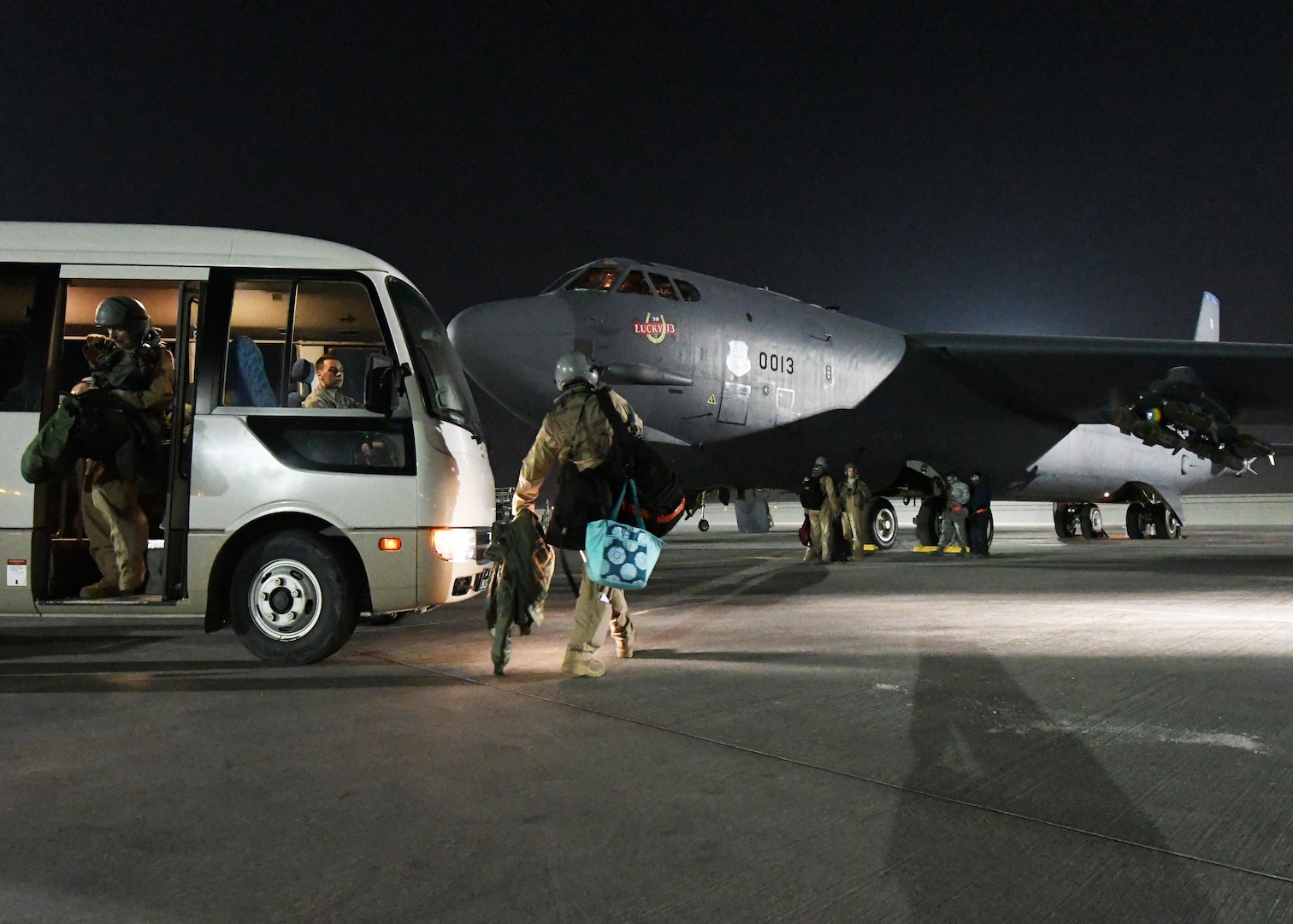 Aircrew members prepare to board a B-52 Stratofortress at an undisclosed location in Southwest Asia, Jan. 4, 2017. This flight was the 201st sortie without a maintenance cancelation for the 96th Expeditionary Bomb Squadron and 96th Expeditionary Aircraft Maintenance Unit, marking a new B-52 sortie streak record in support of Operation Inherent Resolve. (U.S. Air Force photo by Senior Airman Miles Wilson)
