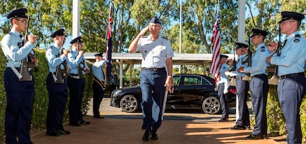 Gen. John E. Hyten, U.S. Strategic Command commander, returns a salute during arrival honors at the Remote Sensor Unit at Royal Australian Air Force Base Edinburgh, Australia. Click image to read story. (Photo by CPL David Cotton)