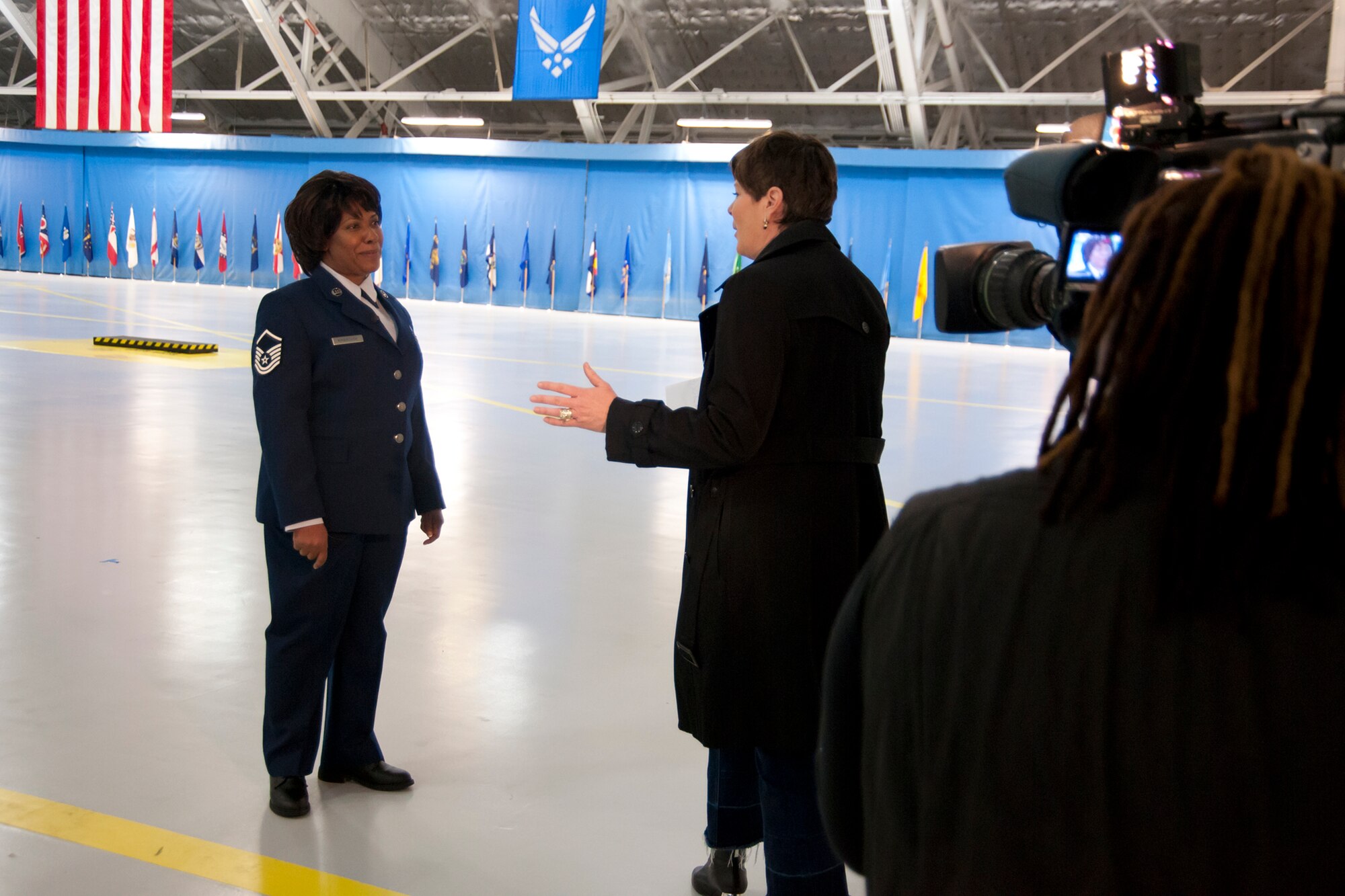 Master Sgt. Deidre Kimbrough, 459th Aeromedical Staging Squadron medical service technician, conducts an on-camera interview during the Presidential Inauguration media day at Joint Base Andrews, Maryland, Jan. 13, 2017. (U.S. Air Force photo/Tech. Sgt. Kat Justen)