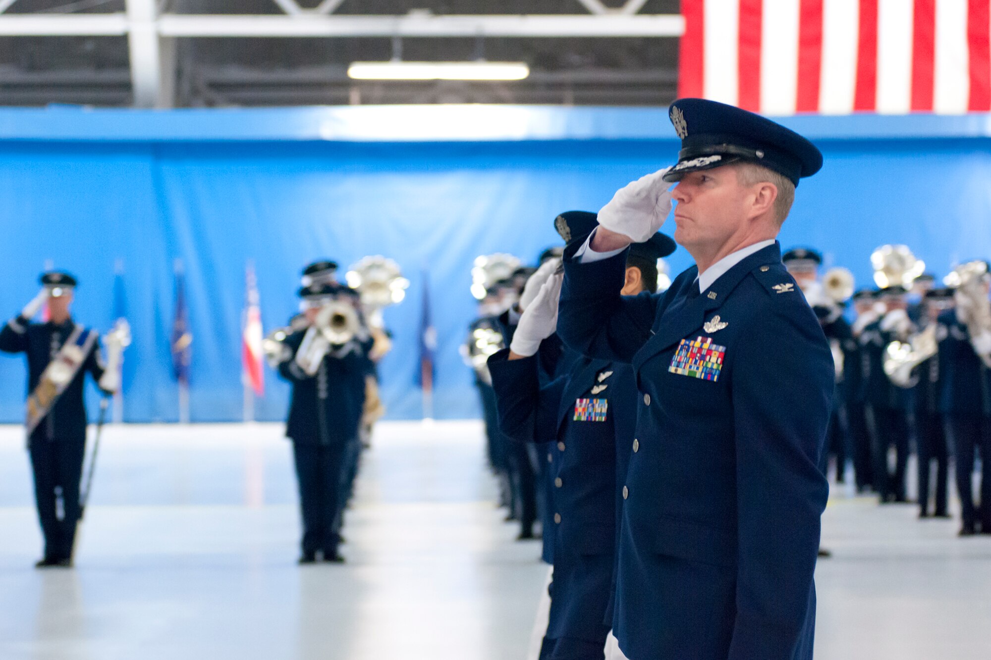 Colonel David A. Owens, 459th Air Refueling Wing commander, salutes during media day and Presidential Inauguration Parade marching practice at Joint Base Andrews, Maryland, Jan. 13, 2017. (U.S. Air Force photo/Tech. Sgt. Kat Justen)