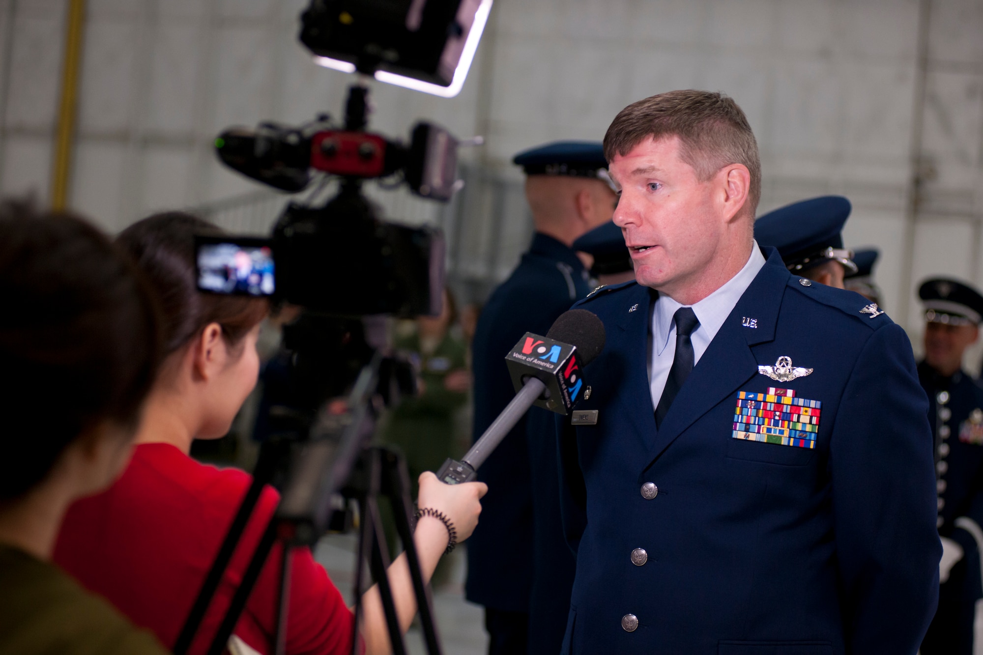 Colonel David A. Owens, 459th Air Refueling Wing commander, conducts on-camera interviews during the Presidential Inauguration Parade media day at Joint Base Andrews, Maryland, Jan. 13, 2017. (U.S. Air Force photo/Tech. Sgt. Kat Justen)